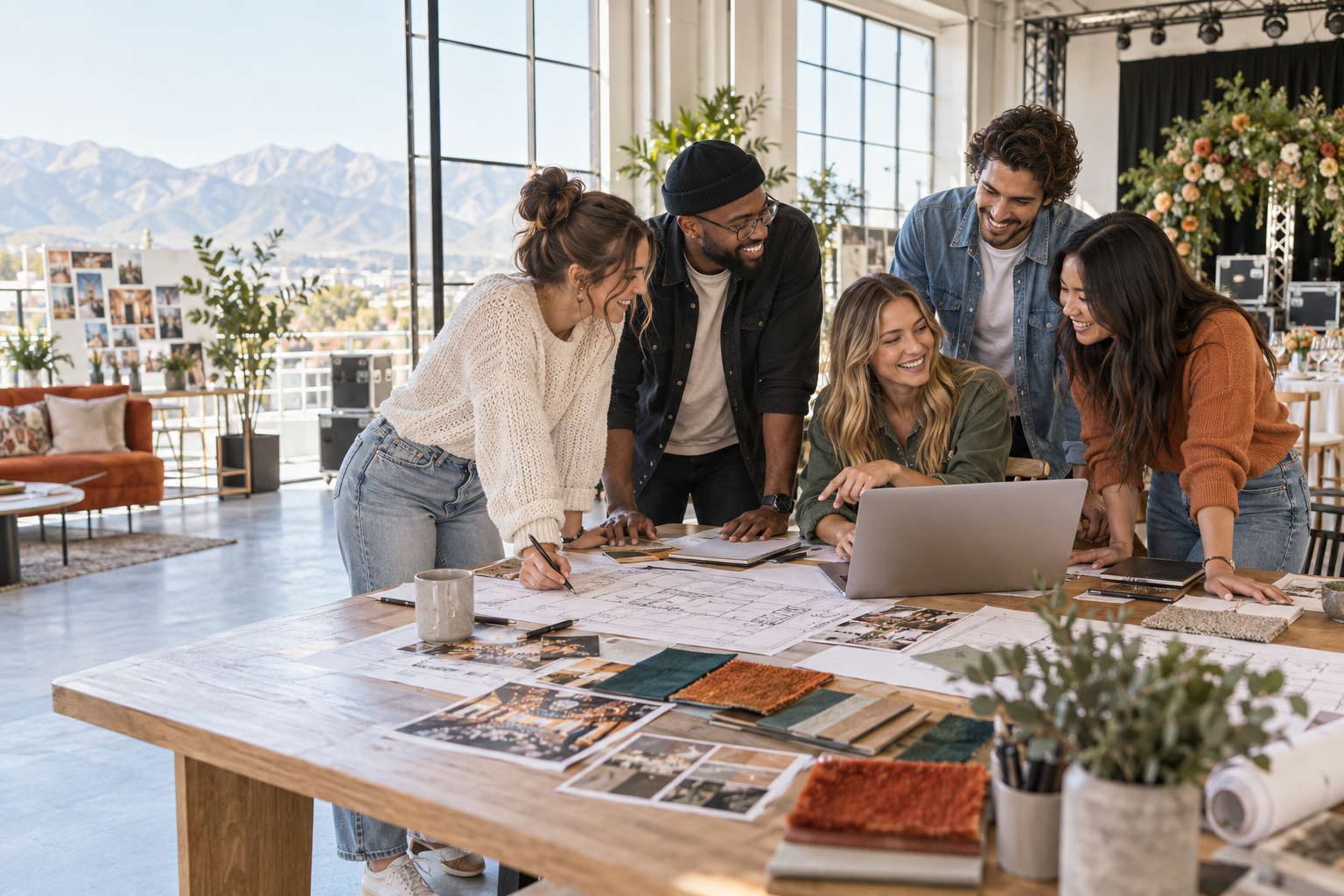 Young event professionals planning together in an energetic event studio