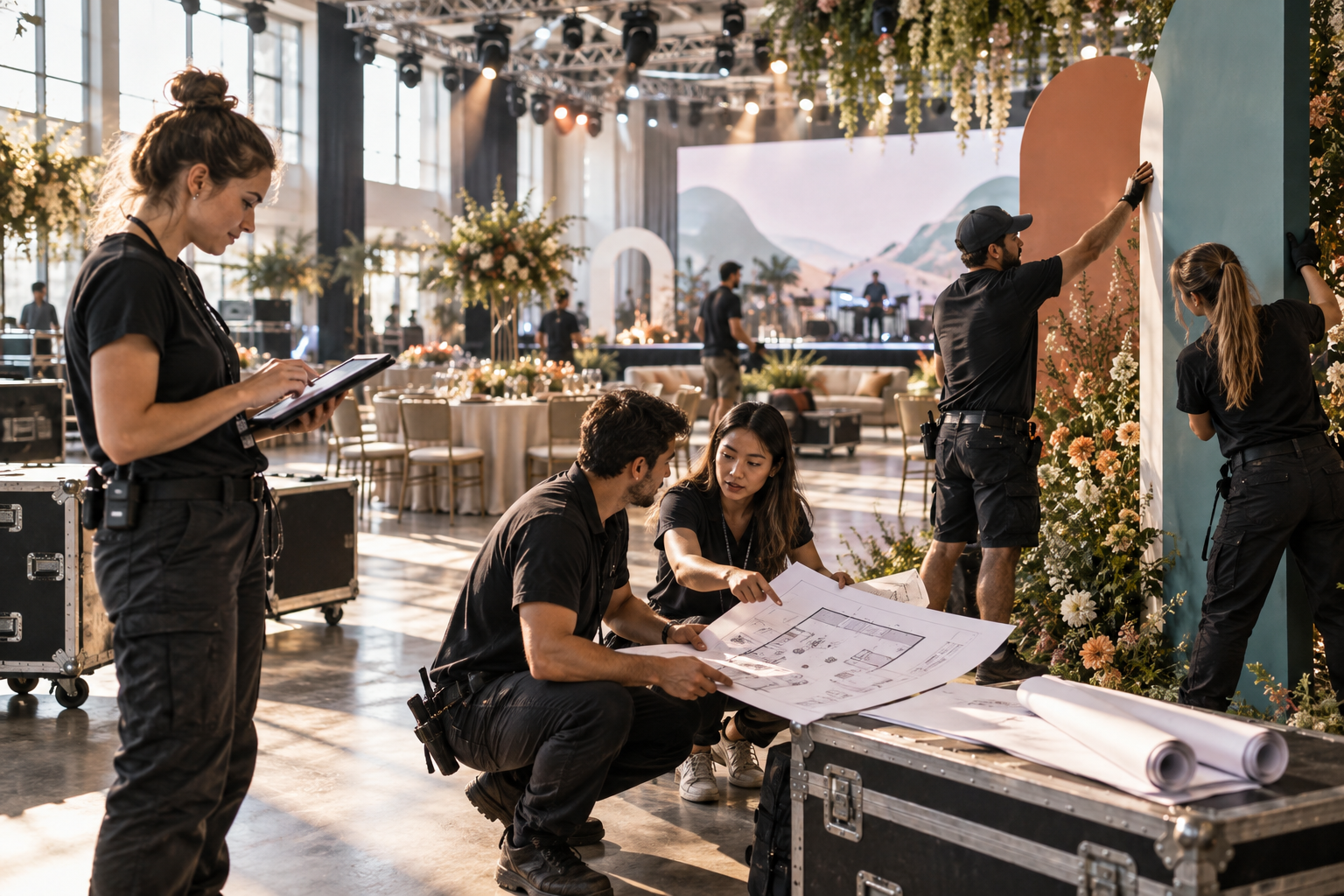 Young event production team coordinating an active venue setup